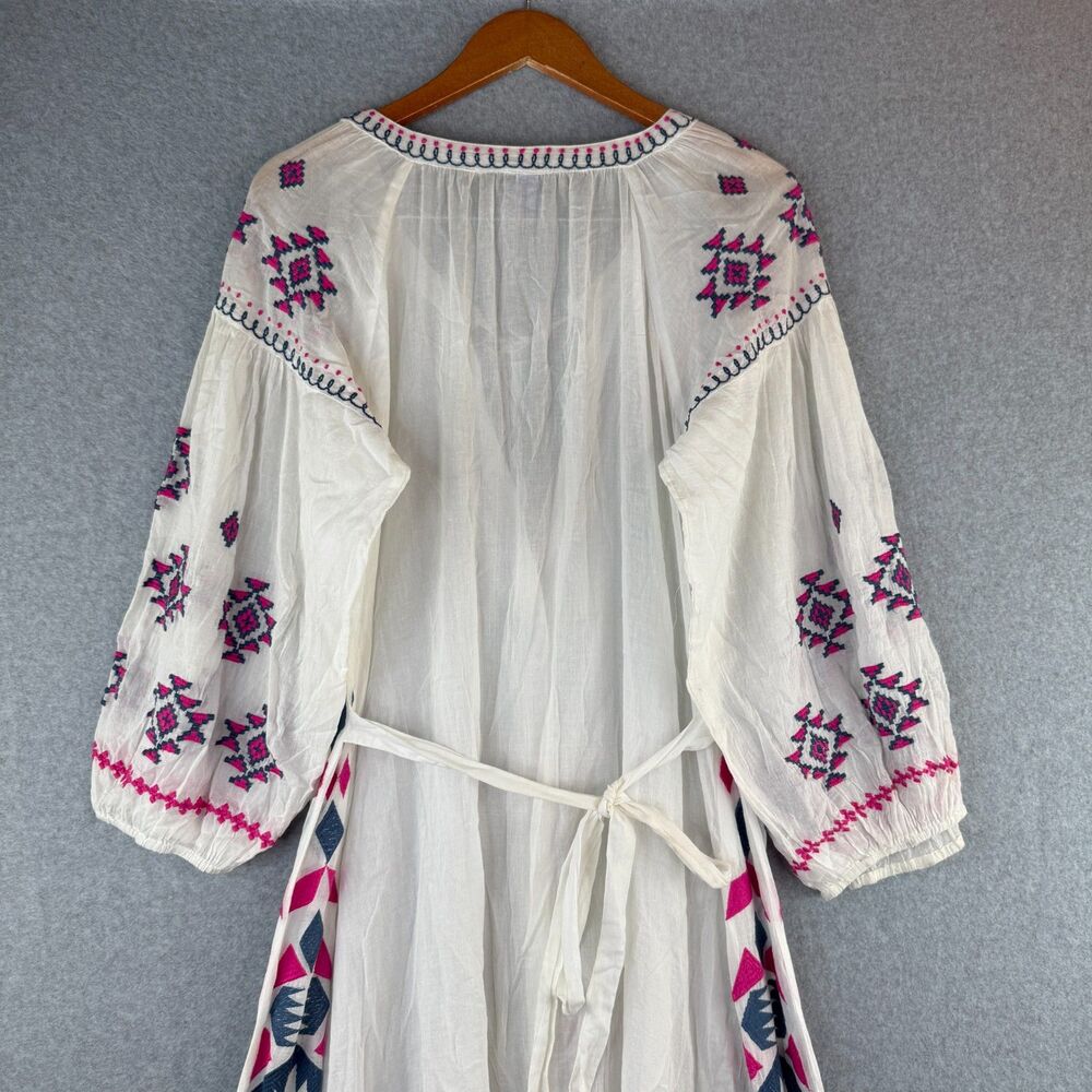 Raj Ivory/Pink Embroidery Geometric Artisanal Maxi Long Sleeve Boho Dress Size L - Picture 5 of 10